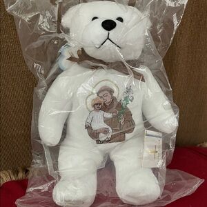 St. Anthony Adorable White Plush Bear with Embroidered Design